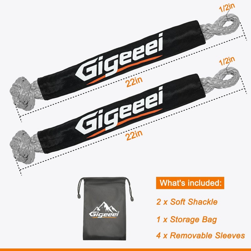 Gigeeei حبال استرداد ناعمة - 1/2 بوصة × 22 بوصة (56,000 رطل) مجموعة حبال استرداد ناعمة لسحب المركبات والونشات في الطرق الوعرة - Image 2